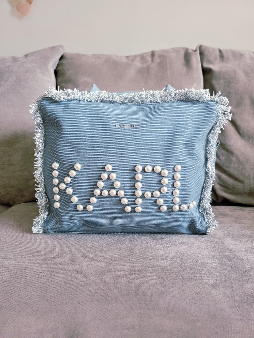 Karl Lagerfeld Paris Margot Fringe Denim Canvas Pearl Tote Bag Like New